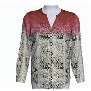 Calvin Klein Animal Print Blouse Size L/XL Red Brown Button Front Roll Tab